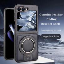 Premium Leather Magnetic Fold Phone Case for Samsung Galaxy Z Flip 7 FE 6 5 4 3 Anti-Drop Fine Metal Ring Bracket Protect Cover Galaxy Z Flip7 tamsiai mėlyna spalva