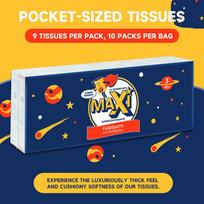 MAXI On-The-Go Facial Tissues, 10 On-The-Go Packs, 10 Tissues Per Box, 3-Ply , Packaging May Vary