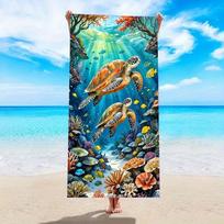 Large Sea Turtle Print Beach Towel, Coral Reef Design, Quick Dry Microfiber, Sand Free, Perfect for Beach, Pool, Travel 27x55inch 70x140cm&1pc