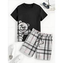2-piece Set Men's Casual Everyday Set 3D Bear Print Men's Short-sleeved Top Plaid Print Men's Shorts Street Fashion Set 4XL