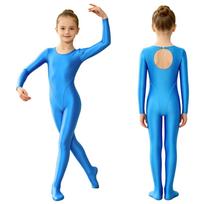 Blizgus kombinezonas su kojomis vaikams, ilgomis rankovėmis, su raktu skylute nugaroje, kūno apdangalas gimnastikai, šokiams, treniruotėms, scenos pasirodymams 5-6 Years mėlyna