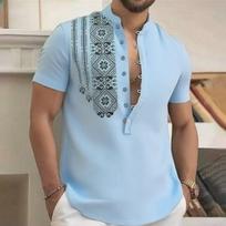 Men Ethnic Print Short Sleeve Stand Collar Casual Shirt S