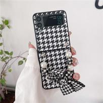 Applicable Samsung ZFlip3 Folding Phone Case Plaid Portable Pearl Bow Wristband Back Cover Protective Case Samsung z flip3 5g juoda