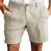 Men Linen Shorts Classic Fit Waistband Button Closure Breathable Lightweight Fabric Casual Summer Wear M chaki