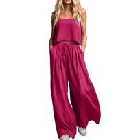 Summer Hot Style Women's Solid Color Wide-Leg Pants and Camisole Set Small raudona