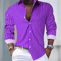 Men Striped Turn Down Collar Long Sleeve Casual Button Down Shirt S