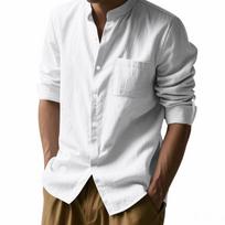 Mens Stand Collar Long Sleeve Casual Linen Shirt With Pocket S
