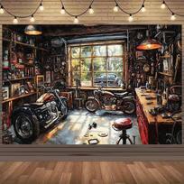 2D Spausdintas Motociklų Garažo Fonas Retro Dirbtuvės su Įrankiais Fono Audinys 59x51.1inch/150*130cm
