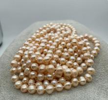 Labai gražus rožinis natūralių 7-8 mm perlų vėrinys, 100 colių ilgio beige
