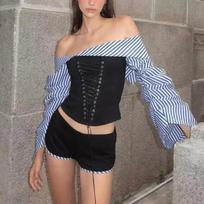 2000s Sweet Hot Girl Sexy Suit Women Autumn Striped Bubble Sleeve Off Shoulder Top Low Waist Shorts Two Piece Set Female Clothes S mėlyna