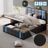 Lova 160 × 200 cm, su LED šviesa ir USB sąsaja, šviestuvas turi matinio akrilo panelę, dvigulė lova, su vieta daiktams susidėti, juoda, PU