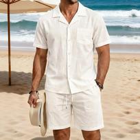 Mens Casual Loose Breathable Short Sleeve Shirt And Shorts Beach Set S