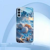 Stiklinis telefono dėklas su kriauklių ir jūrų žvaigždžių raštu, tinkamas Samsung Galaxy S26 S25 S24 S23 S22 S20 FE/Ultra/Plus, apsaugantis nuo kritimo galinis dangtelis Galaxy S26 mėlyna