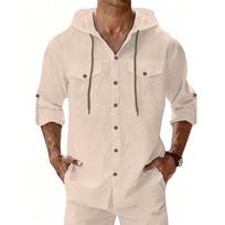 Mens Linen Long Sleeve Hooded Casual Solid Beach Shirt 2XL
