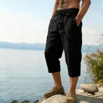 Mens Casual Cargo Cropped Pants Elastic Waist Multi Pocket Summer Trousers M