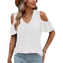 Solid Color V Neck Cold Shoulder Ruched Loose Short Sleeve T Shirt Top S