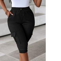 Summer Women's Slim-Fit Capri Trousers Solid Color Casual Multiple Pocket Lace-Up High Waist Tight Leggings Capri Pants S juoda