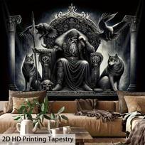 Odin'o Sostas Gobelenas, Skandinavų Dievas su Varna ir Vilkais Tamsioje Salėje, Vikingų Mitologija Sienos Dailė Svetainės Miegamojo Dekoras 70x100cm28x39in gray