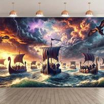 Vikingų laivo gobelenas, kariai plaukiantys audringoje jūroje su žaibais, epinis norvegų mūšio scena sienos menas namams, bendrabučio dekoravimui 70x100cm28x39in gray