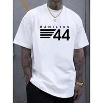 Vyriški Hamilton 44 marškinėliai su lenktyninio automobilio spauda - Laisvalaikio trumpomis rankovėmis, apvalia kaklo iškirpte, tinkami kasdieniam dėvėjimui, vasaros aprangai ir automobilių sporto dovanoms S balta