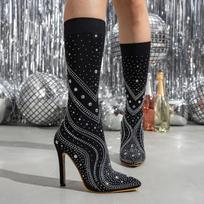 Autumn Winter Mid Length Elastic Boots Women, High Heels, Slim Heels, Pointed Toe Temperament, Rhinestone Sexy Women's Boots 35