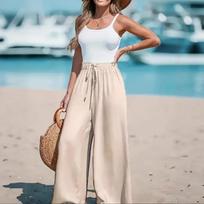 Women's Mid Rise Drawstring Wide Leg Pants Casual Loose Trousers for Summer Daily Wear S