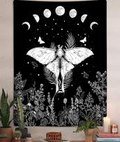 Trippy Witchy Vertical Tapestry, Black and White Moth Floral Moon Tarot Tapestry Wall Hanging for Bedroom, Dark Aesthetic Nature 70x100CM
