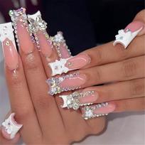 Long Square Press On Nail With 3D Bowknot and Rhinestones Designs False Nail Sparkling Stick on Nail for Women and Girls brown