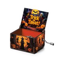 Halloween Music Box Hand Crank Wooden Musical Box with Spooky Pumpkin and Bat Design for Holiday Decoration Gift One Size