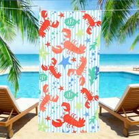 Playful Lobster & Starfish Beach Towel – Oversized Quick Dry Sand Free with Blue Stripe Print 50x100cm(20x40in)