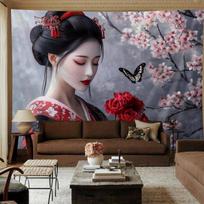 Geisha Woman Cherry Blossom Tapestry Japanese Kimono Art Butterfly Wall Hanging Eastern Decor Living Room Fabric Print 70x100CM