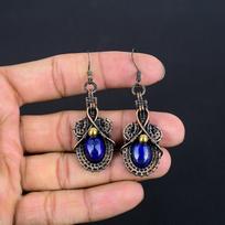 Lapis Lazuli 999 Copper Wire Wrapped Earrings, Handmade Gemstone Earrings Jewelry, Gifts For Wife Brand New Earrings 1.77 Inches