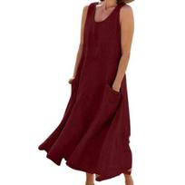Moteriška lininė maxi suknelė Laisva vasarinė be rankovių Boho tipo suknelė su apvalia iškirpte Paplūdimio atostogų suknelė su kišenėmis XXXXL vyno raudonos spalvos