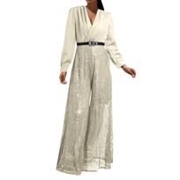 Women's Fashion V-Neck Long-Sleeved Blouse Elegant And Graceful Tailored Waist For A Flattering Silhouette Sequin-Embellished Wide-Leg Jumpsuit S smėlis