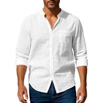Men Stand Collar Long Sleeve Breathable Casual Solid Linen Shirt S
