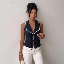 Women European Style Slim Fit Lace Trim Hollow Out Sleeveless Lace Up Vest Shirt S