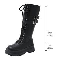 New British Style Belt Buckle Mid-Calf Boots Black Leather Platform Shoes Size 35-42 Vintage Side Zipper Riding Boots for Women 35