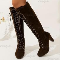 Plus Size35-43 Suede Brown Women's Mid Calf Boots Side Zipper Chunky Heel Retro High Heel Fashion Autumn Winter Knee-High Boots 35