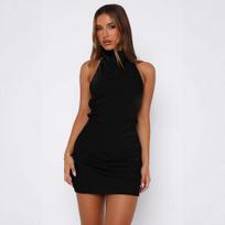 Women Sleeveless Halter Neck Bodycon Midi Dress Solid Black XS