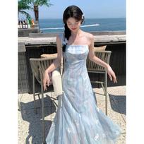 Summer Elegant Blue Chiffon Midi Dress Women Beach Casual Embroidery Floral One Piece Dress Korean Fashion Evening Party Vintage XS
