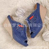 Denim Cloth Mid-Heel Wedge Sandals for Women, Plus Size 40-43, Cross-Border Style 2020. 41