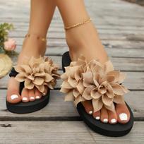 New Fashion Flower Decor Flip Flops Women Summer Beach Non Slip Platform Slippers Woman Sole Lightweight Flat Sandals 36-43 36 chaki