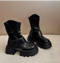 Women Fashion Mid Calf Thick Boots Splicing Pleated Designer Winter 2025 Trend Vintage Women Shoes Leather Punk Modern Boots 35