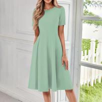 Women's Elegant Short Sleeve A-Line Midi Dress with Pockets Perfect for Casual, Work, Party, and Daily Wear L