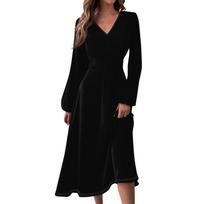 Women's Long Sleeve V-Neck Midi Dress with Pockets, Elegant A-Line Casual Dress in Multiple Colors L
