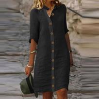 Women's Button Front Shirt Dress Mid Sleeve Casual Solid Color Knee Length Loose Fit Lightweight Fabric XXXL