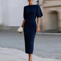 Women Midi Dress Slim Fit Waist Design Elegant Boat Neck Short Sleeve Formal Dress for Office Party Evening Wear L