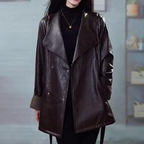 Autumn and Winter High-Quality Women's Leather Jacket Mid-Length Turn-Down Collar Soft PU Leather Coat Loose Fit Plus-Size Leather Jacket L