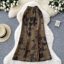 Women's High Waist Satin Ink Print Mermaid Midi Skirt Elegant A-Line Skirt M