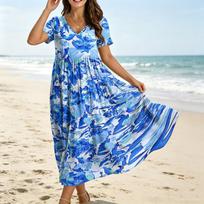 Women V Neck Short Sleeve Loose Fit Midi Dress with Abstract Leaf Print Flowy Tiered Skirt Casual Style M